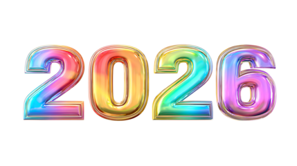 Rainbow gradient text "2026" with glossy finish, isolated on a white background