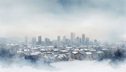 Artistic watercolor effects showing winter city skyline creating soft visual effects for seasonal illustrations or holiday themed design projects with delicate color transitions