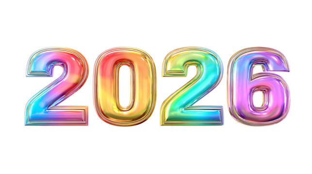 Rainbow gradient text "2026" with glossy finish, isolated on a white background