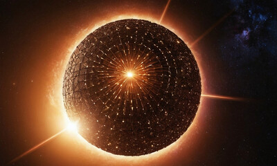 Massive star enclosed by Dyson sphere in cosmic scale view creating awe inspiring visual effects for science fiction illustrations or astrophysics themed design projects