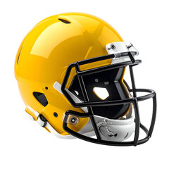 Fototapeta premium A shiny, yellow football helmet with a black facemask and white padding. Isolated on black