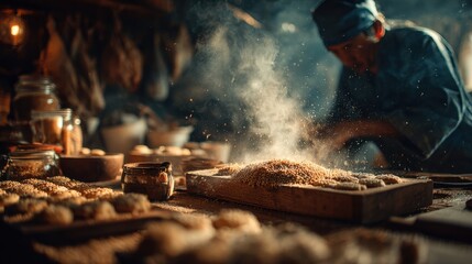 Person preparing grains in rustic kitchen with airborne particles in warm light