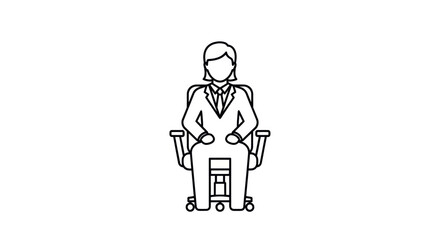 A simple line art icon of a businesswoman sitting upright in a wheeled office chair. © wong
