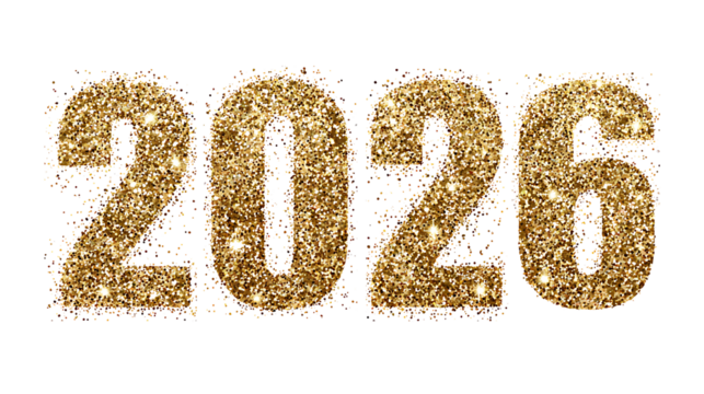 Luxury golden glitter "2026" sparkling text, isolated on a white background