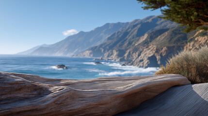 a coastal road with cliffs and waves, cluttered with driftwood, soft natural light reflecting off ocean, a family with diverse faces in a car, natural poses as they admire, detailed textures on the
