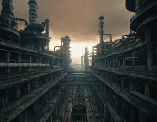 Immersive visual effects showing hollow core interior of dystopian megastructure for science fiction illustrations or futuristic design projects with detailed mechanical architecture