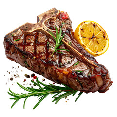 A grilled T-bone steak with rosemary, grilled lemon, and peppercorns against black