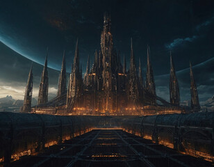 Dystopian megastructure world featuring orbital cage view creating expansive visual effects for science fiction illustrations or futuristic design projects with mechanical structures