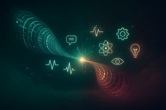 Dynamic bifurcating particle stream emanating from central spark with floating heart, atom, gear, bulb, waveform icons in green and orange neon for data flow visualization