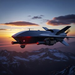 Futuristic Drone Flying Over Mountains at Sunset - Advanced Technology Concept.