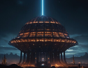 Expansive depiction of orbital cage in dystopian megastructure world for science fiction illustrations or futuristic design projects with detailed mechanical structures