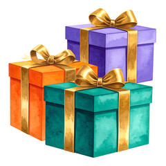 Watercolor illustration of three wrapped gift boxes, stacked with golden ribbons and bows