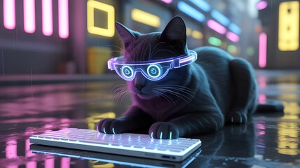 Black cat wearing futuristic glasses with keyboard in neon city.