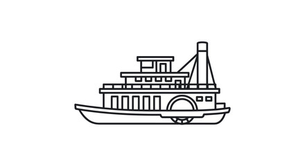 Obraz premium A simple black and white line drawing of a vintage paddle wheel steamboat.