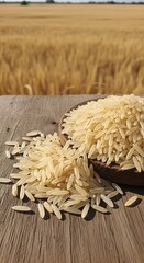 Golden Rice Grains on Wooden Table with Field Background.