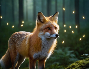 Fototapeta premium Mystical glowing fox spirit in a forest setting creating enchanting visual effects for fantasy illustrations or nature inspired digital art projects with ethereal lighting