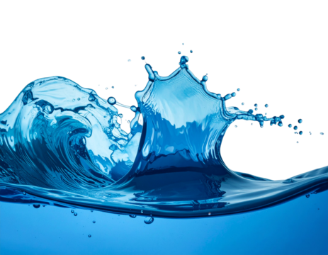 Ocean blue ink splash in air with wave ripple effect on transparent background