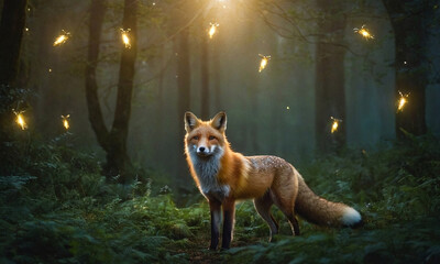 Glowing fox spirit in mystical forest setting creating enchanting visual effects for fantasy illustrations or nature inspired digital art projects with ethereal lighting effects