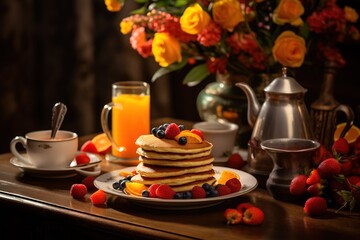 A cozy breakfast setting with a steaming cup of tea, pancakes, and fresh fruit, symbolizing a warm Mother's Day morning.