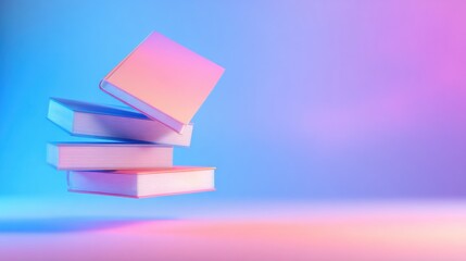 Floating pastel books against a vibrant gradient background, symbolizing creativity and knowledge