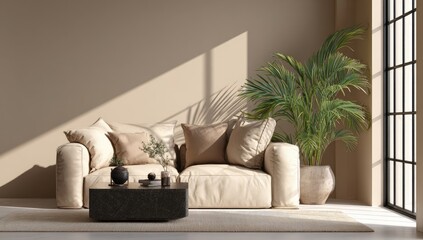 Beige living room with large window