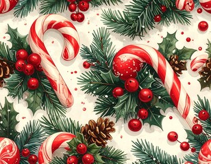 A festive patterned illustration featuring candy canes, holly, pine boughs, red berries, and pinecones, all set on a white background