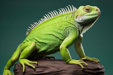 Obraz premium A vivid green iguana with its textured skin, standing tall and alert against a plain white surface