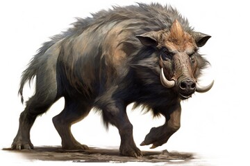 Fototapeta premium A wild bison with a thick coat and large horns, standing majestically against a white backdrop