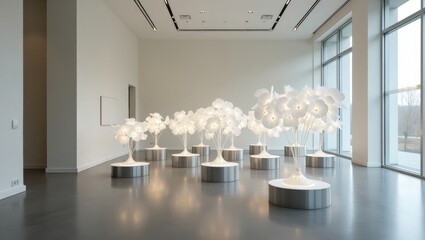Modern Interior with White Lotus Lamps &ndash; Minimal Art Installation in Bright Contemporary Space