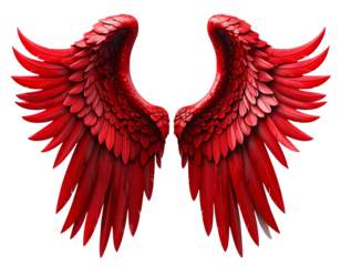 3d fantasy red angel wings, front view and side view, Transparent background PNG 