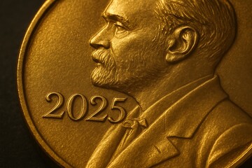 Closeup of a gold nobel prize medal with the year 2025 embossed