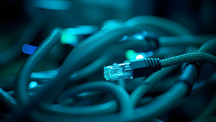 Macro photo of network cables and glowing data transfer lights captured with realistic depth of field. Detailed texture and subtle reflections emphasize modern connectivity, with a softly blurred area