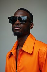 Fototapeta premium Young dark-skinned man with short black hair, trimmed beard wears stylish sunglasses, bright orange bomber jacket. Male model poses confidently in studio setting. Fashionable guy looks trendy with