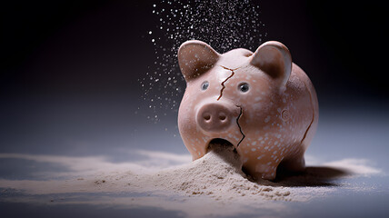 Crumbling piggy bank symbolizing inflation and financial savings loss
