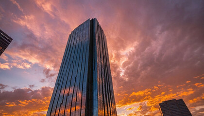 Sunset illuminated skyscraper in wide angle cinematic bottom view creating dramatic visual effects for architectural photography or urban landscape design projects with golden hour lighting