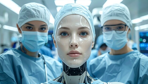 A futuristic medical scene depicts a cyborg surgeon with two masked human colleagues in an operating room setting