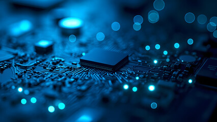 Ultra-detailed macro photograph of a quantum processor circuit with glowing points of light. The high-end realistic 8K image features copyspace around the edges, emphasizing advanced technology, quant