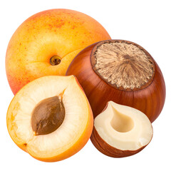 Group of fresh apricot fruits with a halved one, and a hazelnut with a split one