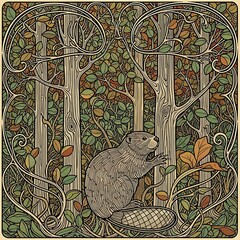 Art Nouveau Beaver in Forest Illustration.