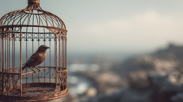 Bird in an open cage symbolizing the fear of freedom