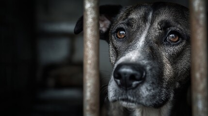 Close-up of a grey and brown dog looking through bars, conveying sadness.