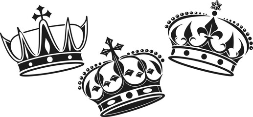 Set of Black Crown Silhouettes on White Background – Royal King and Queen Crown Icons, Vintage and Modern Crown Vector Collection for Logo Design, Luxury Branding, and Graphic Decoration