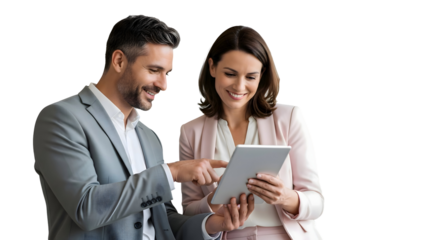 Smiling business professionals collaborate on a digital tablet, sharing ideas and achieving success in a modern, dynamic work environment, fostering innovation and productivity