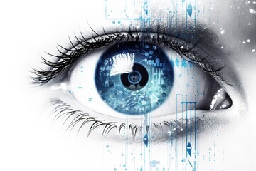 Isolated in white background, center aligned, blue eye modern conceptual, mechanical technology concept background