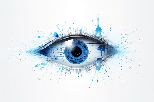 Isolated in white background, center aligned, blue eye modern conceptual, mechanical technology concept background