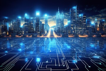 Smart city on circuit board background. Futuristic cyberspace concept.