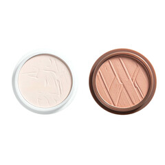 Two circular cosmetic compacts, one white with pale powder, the other brown with peach blush