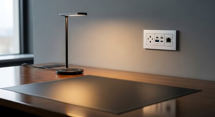 Desk with Lamp and Power Outlet - Modern Workspace Detail.