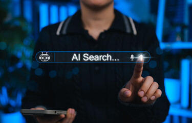 AI search engine technology concept. Woman interacts with search bar AI Search representing artificial intelligence, chatbot, data cloud, global connectivity and future search engine innovation.