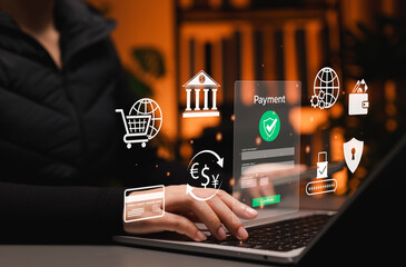Online payment. Person making secure online payment on laptop with digital wallet, credit card, global transaction, e-commerce checkout, and financial data protection interface in fintech concept.